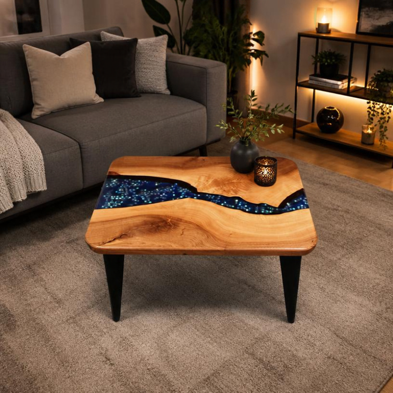Couchtisch Walnuss mit blaue Glasperlen - handgefertigt in Graz I Holz & Harz