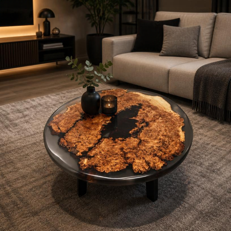 Couchtisch Maserpappel mit Epoxidharz transparent grey - handgefertigt in Graz I Holz & Harz