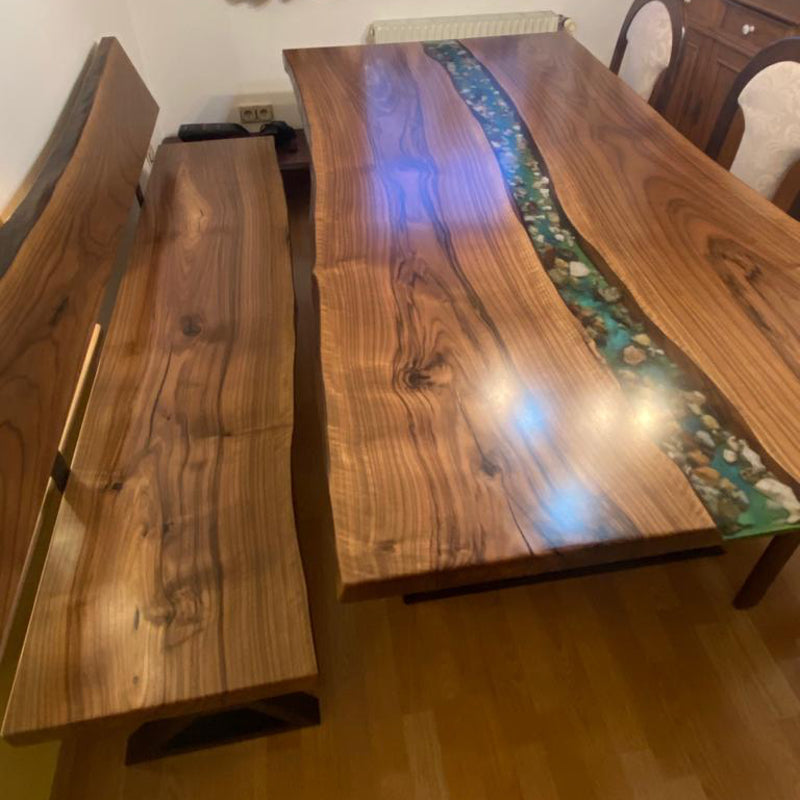 Epoxidharztisch Nuss Flussbeet mit Sitzbank- handgefertigt in Graz I Holz & Harz 1