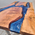 Epoxidharz Bartisch blau gedämpfte Weide - Gestell Edelstahl - handgefertigt in Graz  I Holz &  Harz 