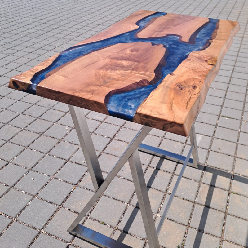 Epoxidharz Bartisch blau gedämpfte Weide - Gestell Edelstahl - handgefertigt in Graz I Holz &  Harz 
